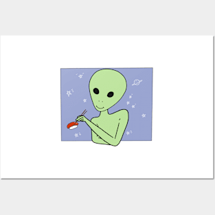 Alien Eating Sushi Meme Funny UFO ET Anime Logo Posters and Art